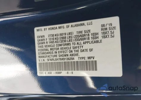 2019 Honda Odyssey Ex-L z USA, uszkodzony, nr VIN 5FNRL6H76KB136284